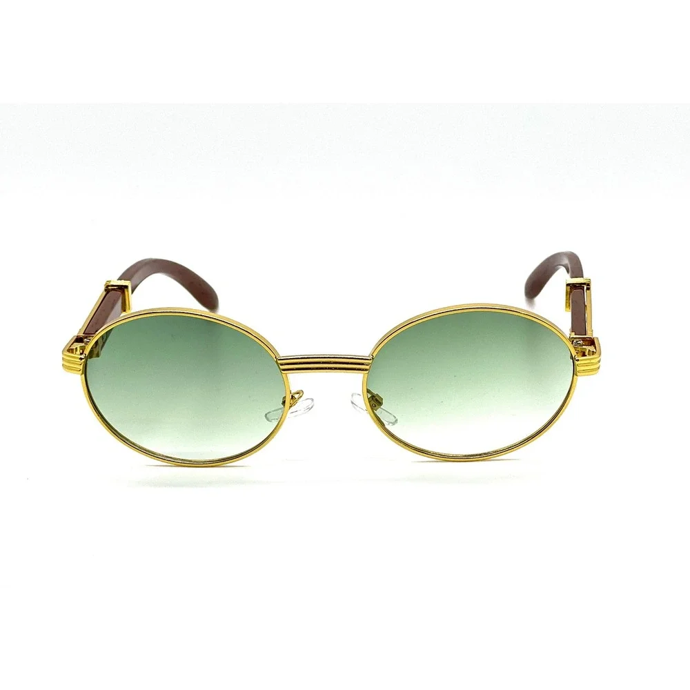 Mens Gold Round Sunglasses‎ Green Gradient Lenses Wood Accents UV400 Protection